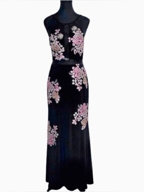 Xscape 6P Black Floral Maxi Dress Fit Flare Mermaid Evening Sheer Floral Beaded